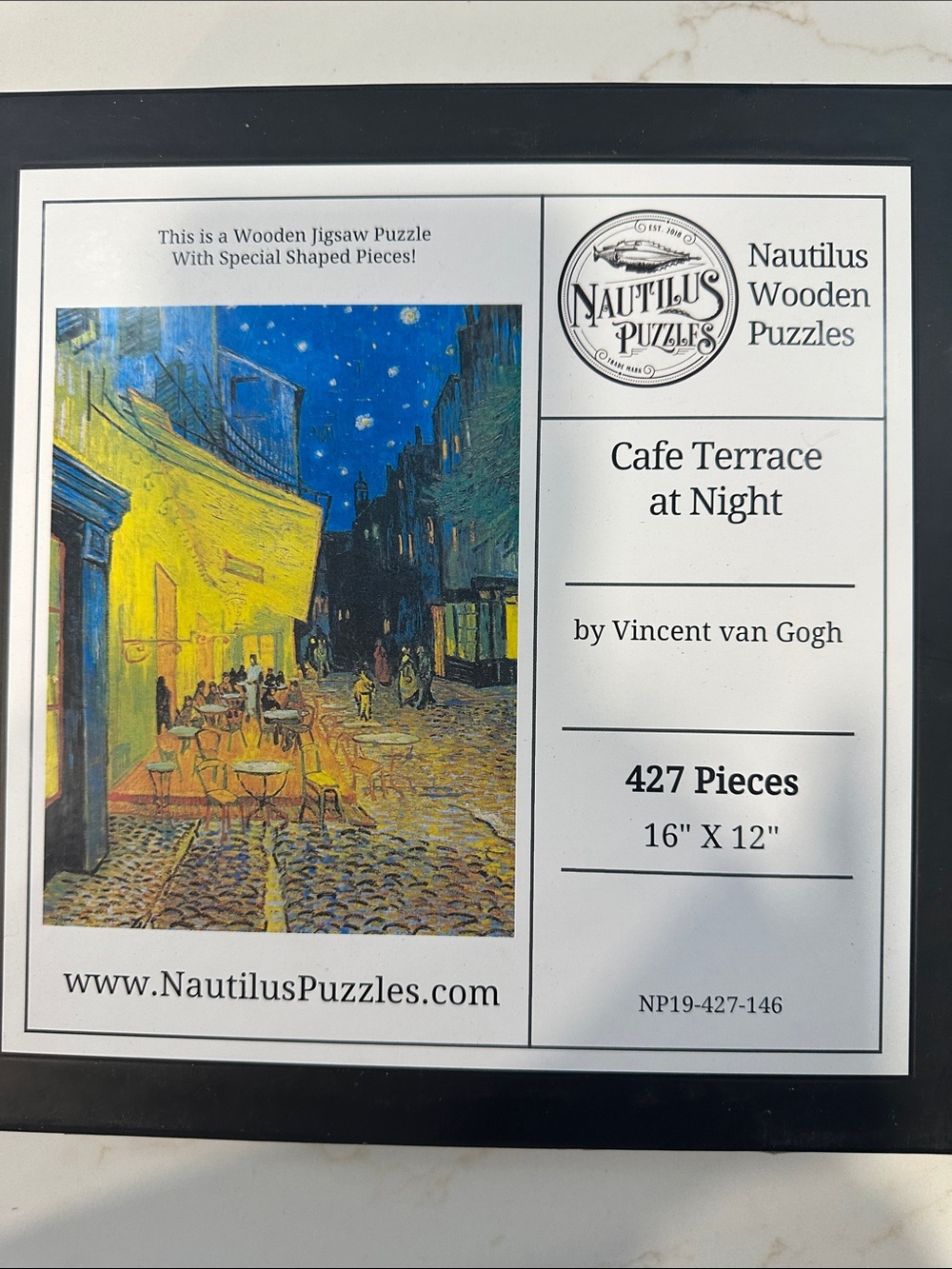 Nautilus Cafe Terrace at Night Wooden Jigsaw Puzzle - Blue, Yellow, Black